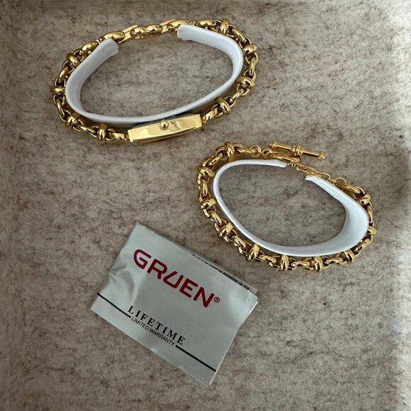 Share Vintage NOS Gruen Gold-Tone Watch, Earrings, & Bracelet Gift Set. Never wo - Picture 13 of 16